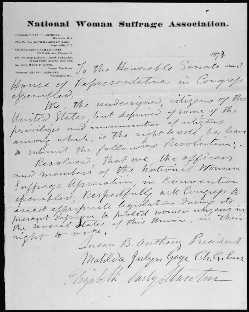 Scope and content: This petition was referred to the Committee on the Judiciary on January 20, 1873. General notes: Exhibit History: "American Originals," June 1996 - June 1997, Na