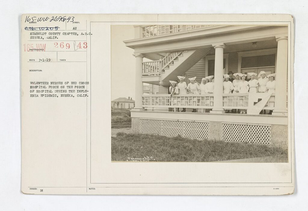 Medical Department - Influenza Epidemic 1918 - Volunteer nurses of Red Cross Hospital Force on the porch of hospital during the influenza epidemic, Eureka, California - NARA - 4549