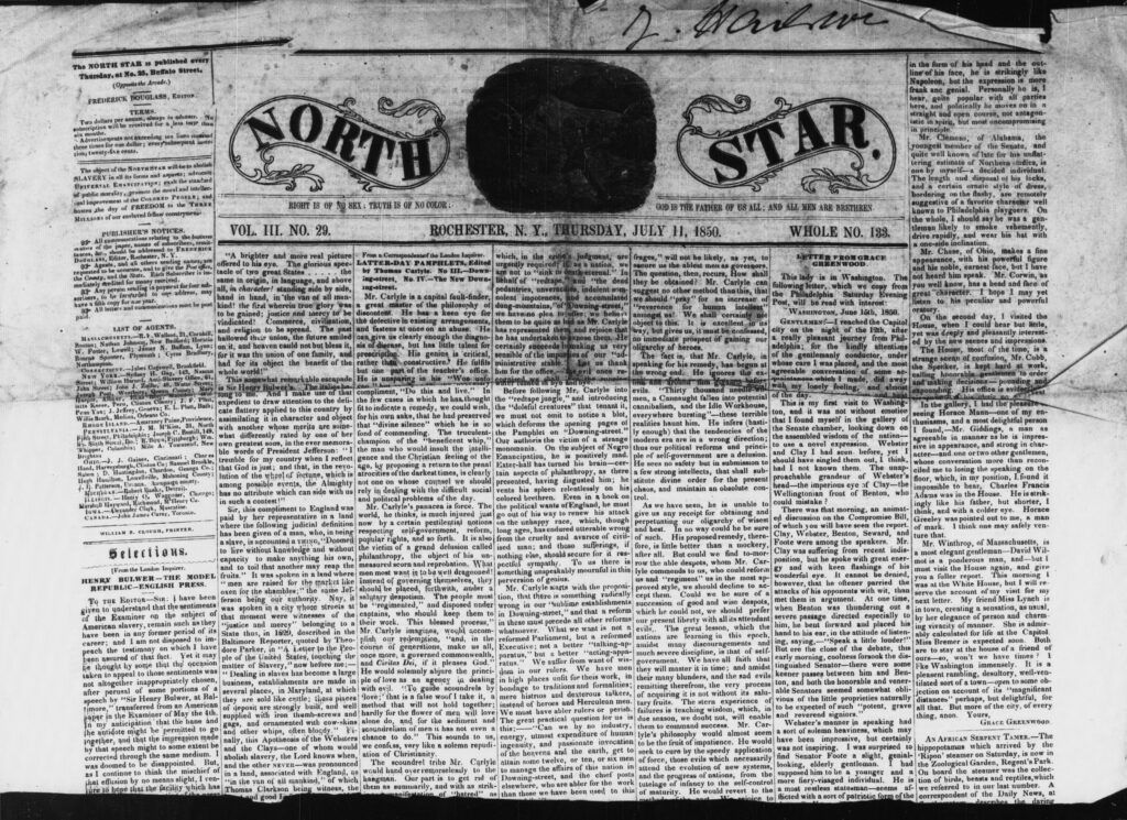 A front page or issue view of The North Star dated July 11, 1850 from the Library of Congress.