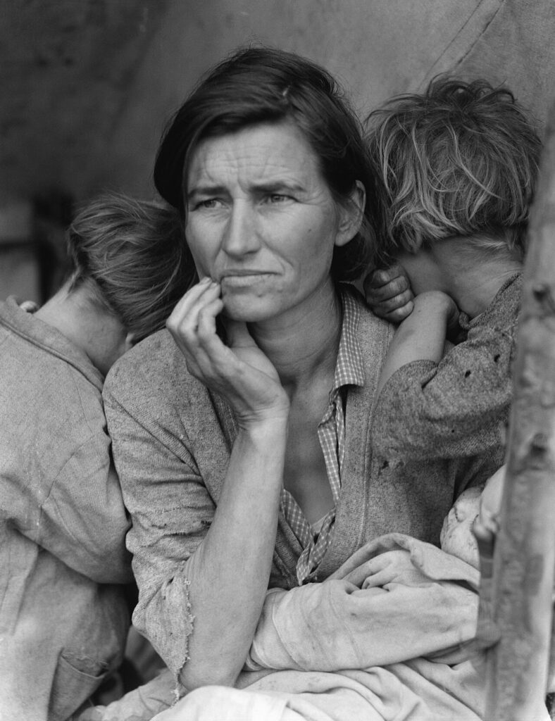Portrait shows Florence Thompson with several of her children in a photograph known as "Migrant Mother". The Library of Congress caption reads: "Destitute pea pickers in California
