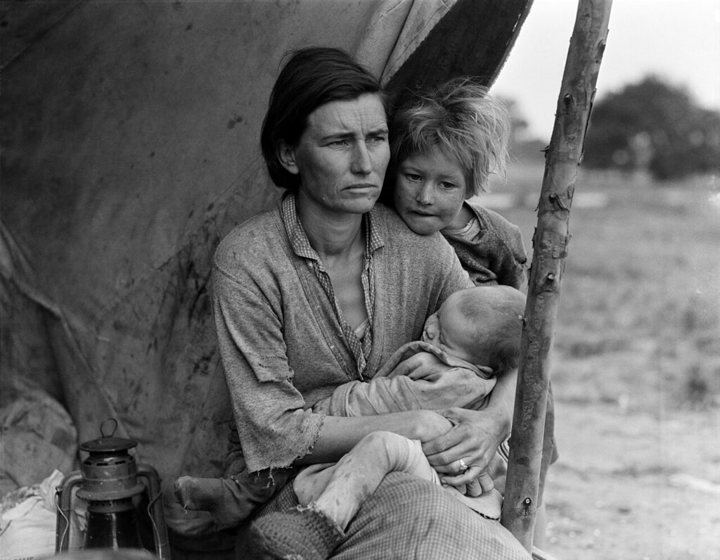 Photograph shows Florence [Owens] Thompson with two of her children as part of the "Migrant Mother" series. For background information, see "Dorothea Lange's Migrant Mother' photog